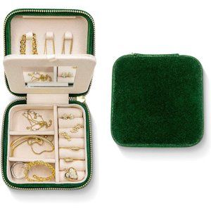 Women Small Plush Emerald Velvet jewelry Earring Organizer Box with Mirror